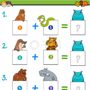 具有动物角色的儿童教育数学加法益智游戏的卡通插图