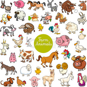有趣的农场动物人物大集的卡通插图