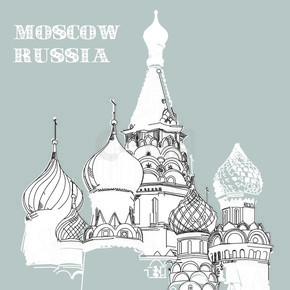 克里姆林宫圣瓦西里大教堂（莫斯科）矢量手绘插图在灰色背景上的白色