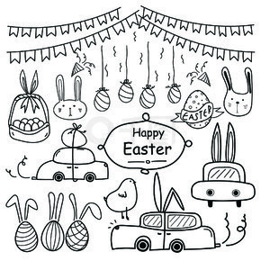 复活节快乐。线手绘涂鸦复活节快乐套装。复活节汽车、复活节彩蛋和复活节篮子。手工制作的矢量图。
