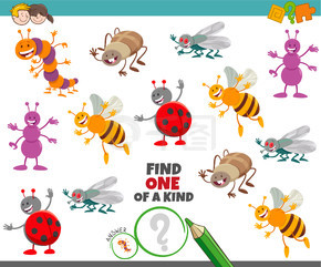 用有趣的昆虫动物角色寻找一种图片教育游戏的卡通插图