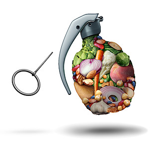 肠胃<i>胀</i>气和食物如洋葱和豆类引起胃炎，如爆炸性肠胃气，如手榴弹，由负责放屁和爆炸屁臭弹符号的成分制成，带有 3D 插图元素。
