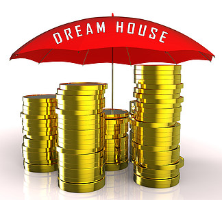 Dream House 或 Dreamhouse 硬币为您描绘了理想的财产。<i>梦</i>想着豪宅或公寓 - 3d 插图