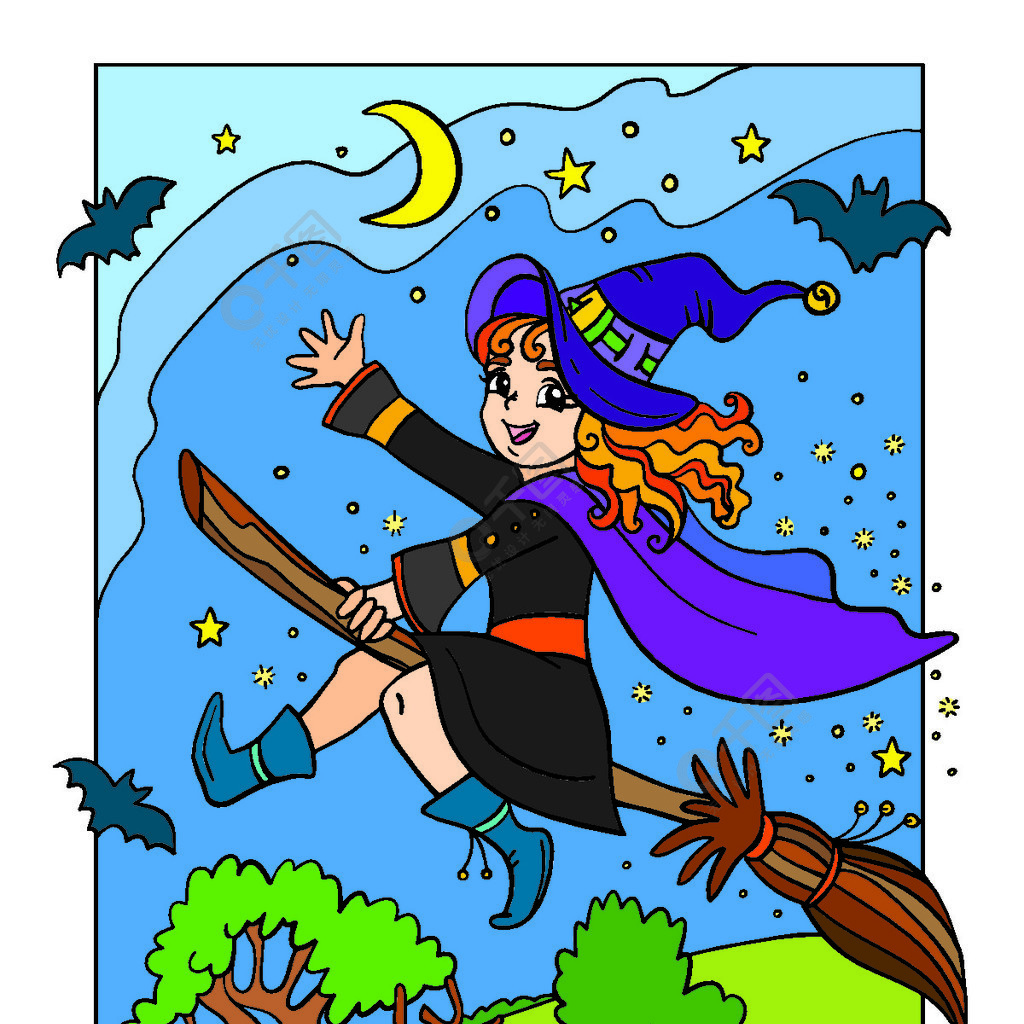 女巫骑着扫帚飞行万圣节的概念孤立在白色背景上的卡通插图用于儿童