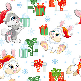 具有可爱兔子性格、礼物和<i>雪</i><i>花</i>的无缝图案。冬季圣诞节概念。孤立在白色背景上的矢量图。用于设计、印刷、装饰、壁纸、亚麻布、纺织品。矢量无缝模式与婴儿圣诞兔