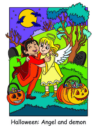 矢量色彩丰富的插画儿童穿着天使和恶魔拥抱的服装万圣节的概念