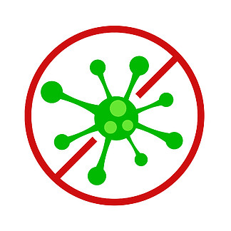 红色圆圈中带有绿色病毒的抗菌图标，用于白色设计。没有<i>细</i>菌矢量符号