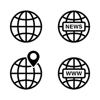 地球地球图标。矢量隔离元素。互联网地球 www 标志。地球全球新闻黑色图标。股<i>票</i>向量。每股收益 10