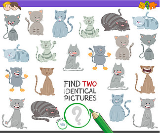 为可爱的猫和小猫有趣的角色寻找两个相同的图片教育游戏的卡通插图