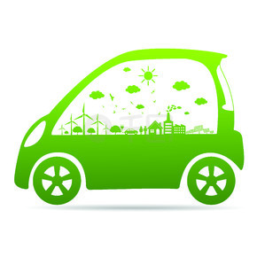生态概念与生态汽车环境城市景观概念、城市周围绿叶汽车符号以环保理念帮助世界