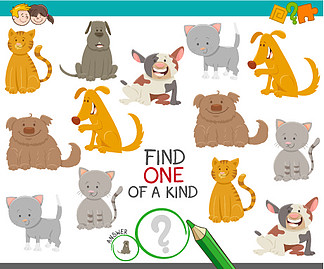 用可爱的狗和猫动物角色寻找一种图片教育活动游戏的卡通插图