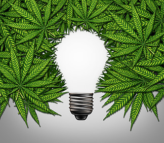 大麻思维和大麻创造力或消费者符号作为由杂草叶制成的灯泡形状作为锅或草药患者，并通过 3D 插图元素对心理学或毒贩概念产生影响。