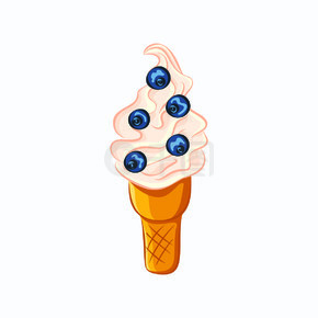 孤立在白色背景上的卡通风格香草冰淇淋和蓝莓矢量图标