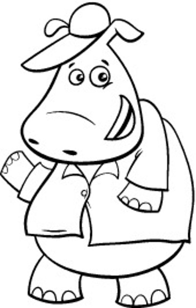 河马奇幻动物人物着色书的黑白卡通插图