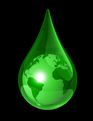 水滴中的绿色世界地球地<i>图</i>。3D 生态符号。地球水滴