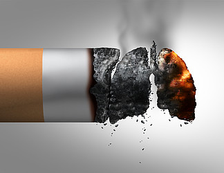 肺和吸烟医学概念是一根点<i>燃</i>的香烟，灰烬被塑造成人类呼吸器官，尼古丁成瘾和吸烟习惯风险与 3D 插图元素。