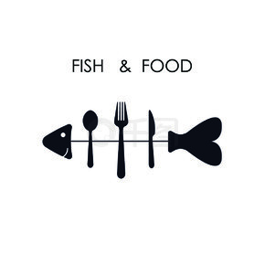 鱼、勺子、叉子和刀子图标。鱼和食品标志设计矢量图标。鱼 &食品餐厅菜单图标。矢量图