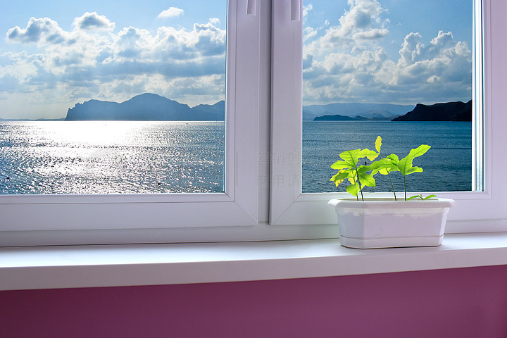 窗口与晚上大海和山脉的美丽景色种在窗台上的花盆里