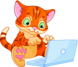 用笔记本电脑坐着可爱的小猫的插图