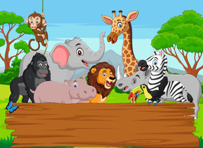 丛林中带空白板的卡通野生动物