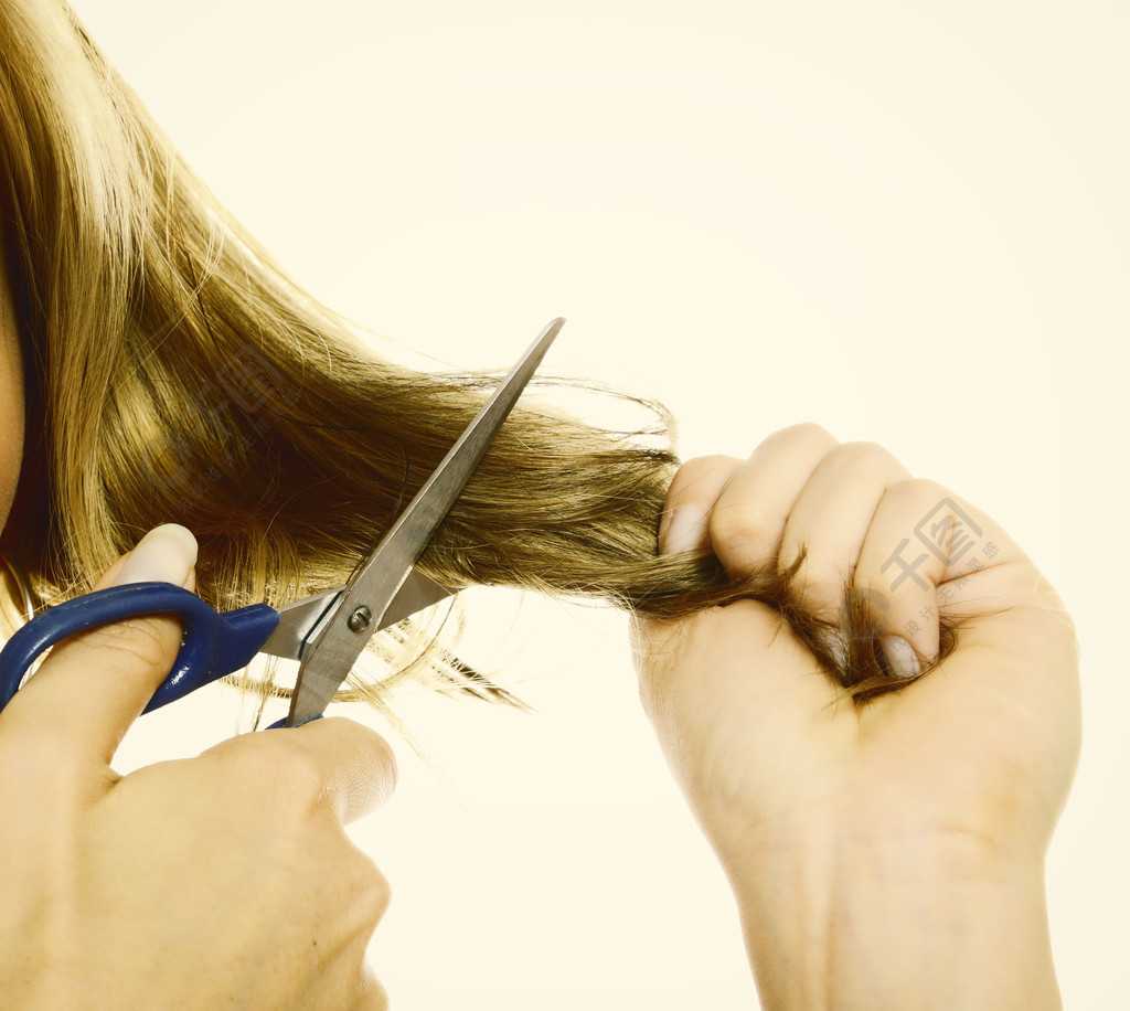 损坏的干发分叉末端女手用剪刀剪头发