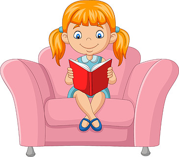 卡通小女孩坐在沙发上看书