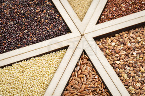 木托盘中的各种无麸质谷物（红色和黑色藜麦、荞麦、褐河、苋菜和小米），专注于小米和大米