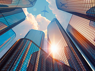 创意抽象商业企业建筑业和房地产金融概念：3D 渲染美丽的早晨城<i>市</i>风光与蓝色现代高高玻璃反光摩天大楼在<i>市</i>中心区与阳光和班机在戏剧性的天空与云彩