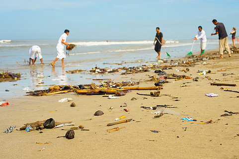 一群人从垃圾和塑料垃圾中清理海滩
