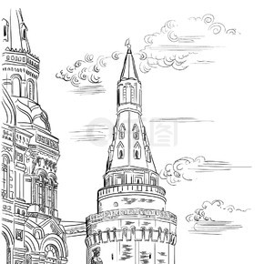 克里姆林宫塔的城市景观、国家历史博物馆和朱可夫元帅纪念碑（红场，莫斯科，俄罗斯）孤立的矢量手绘插图白色背景上的黑色