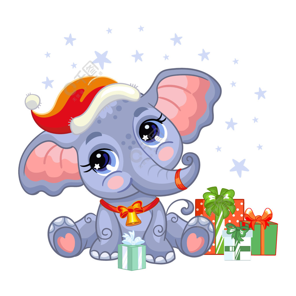 可爱的大象戴着圣诞帽带着礼物和雪花卡通大象字符矢量卡通孤立插图