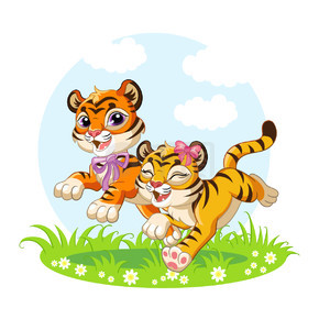 可爱的卡通小老虎穿过盛开的草地矢量孤立的插图