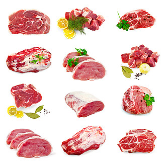 白色背景中分离的猪肉、香料、欧芹、莳萝、<i>柠</i><i>檬</i>的图像集