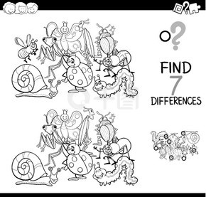 黑白卡通插图寻找图片之间的七个差异教育活动游戏为孩子与昆虫动物角色组着色书