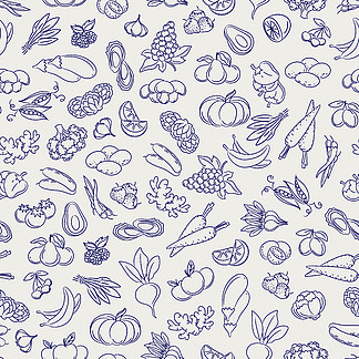 水果和蔬菜素描无缝模式。水果和蔬菜的无缝模式。食物素描风格矢量背景