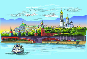克里姆林宫塔堤和莫斯科河上的桥梁（红场，莫斯科，俄罗斯）的城市景观彩色孤立矢量手绘插图。