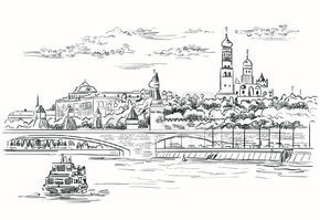 克里姆林宫塔堤的城市景观和莫斯科河上的桥梁（红场，莫斯科，俄罗斯）孤立的矢量手绘插图在白色背景上的黑色