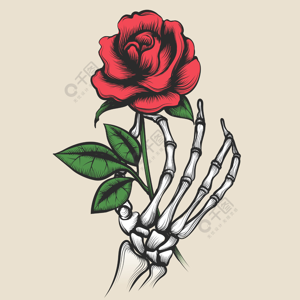 骷髅手与玫瑰纹身风格骷髅手与纹身风格的玫瑰骨手指矢量图中的红玫瑰
