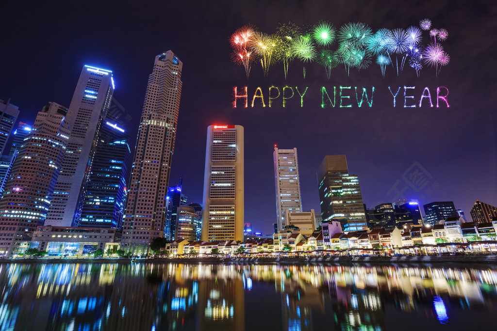 新年快乐烟花闪闪发光新加坡城市景观