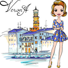 矢量可爱的时尚女孩，穿着花裙子，意大利维罗纳。背景中的阿迪杰河堤岸和兰伯蒂塔