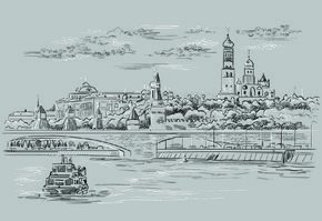 克里姆林宫塔堤和莫斯科河上的桥梁（红场，莫斯科，俄罗斯）的城市景观孤立的矢量手绘插图在灰色背景的黑白颜色