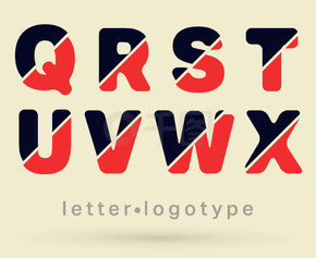 字母标志字体。字母字体模板。一组字母 Q-R-S-T-U-V-W-X 标志或图标。矢量图。