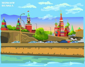 克里姆林宫塔和横跨莫斯科河的桥梁的堤防城市景观（国际地标红场，莫斯科，俄罗斯）。炫彩矢量图。