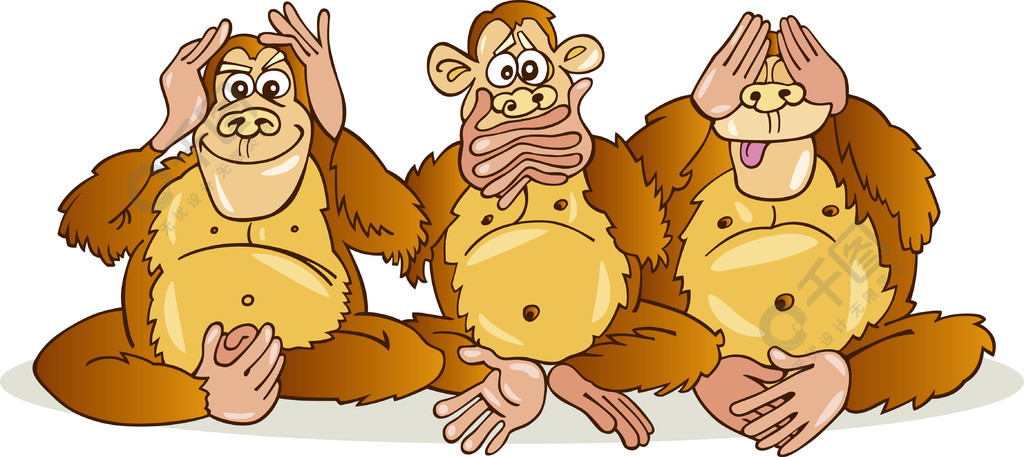 三只坐着的猴子的卡通插图