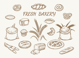 新鲜的面包店元素素描。新鲜的面包店手绘元素。一组面包食品和面包店产品草<i>图</i>，用于餐厅烘焙菜单