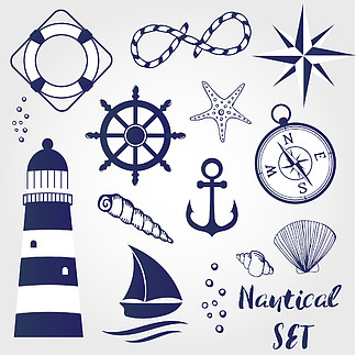 航海设计元素灯塔、贝壳、珊瑚、starfihh、绳索、锚、方向盘、救生圈、风玫瑰、指南针、船。可用于标志纺织横幅海报剪贴簿和其他设计