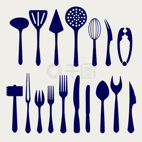 灰色背景上的餐具图标。灰色背景上的叉子、刀子、勺子和其他餐具图标。矢量图