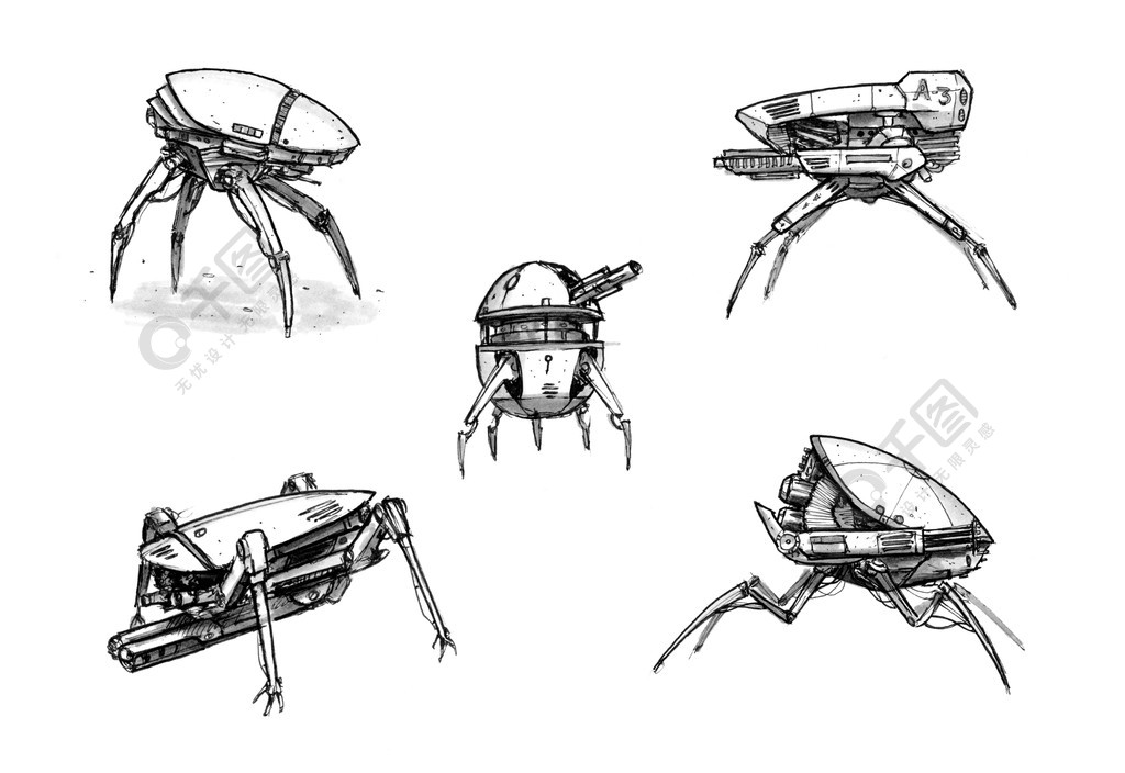 一組未來派或科幻武裝安全或軍用機器人步行無人機的黑白墨水概念藝術
