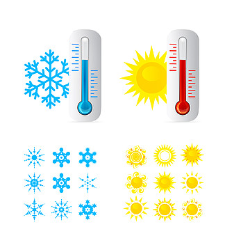温度计冷热温度。还设置了太阳和<i>雪</i><i>花</i>图标。矢量插图