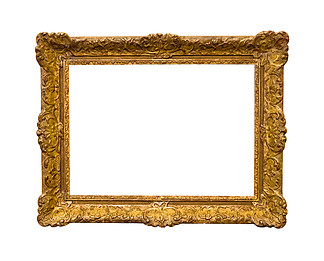 旧的宽巴洛克式金色相框，白色背景上隔离的剪裁画布